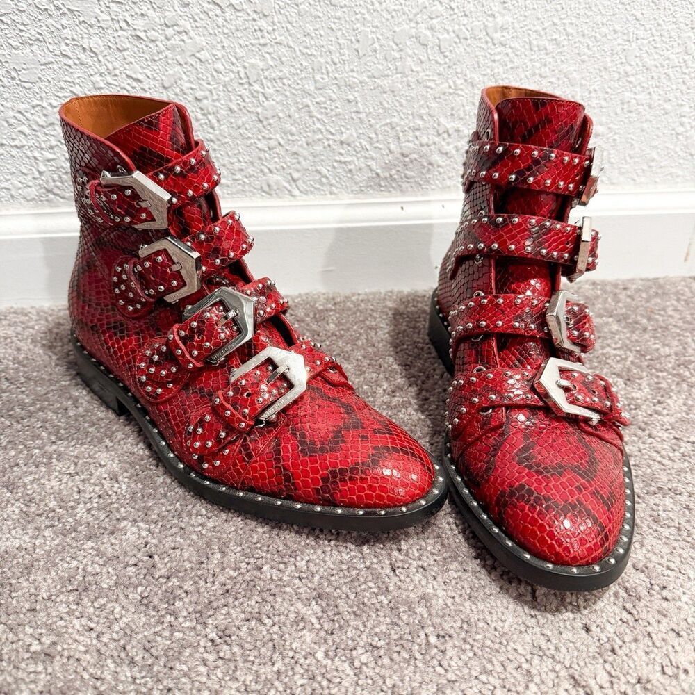 GIVENCHY Calfskin Red Python Embossed Studded Ankle Boots Womens 6.5 36.5 Straps - Picture 2 of 11